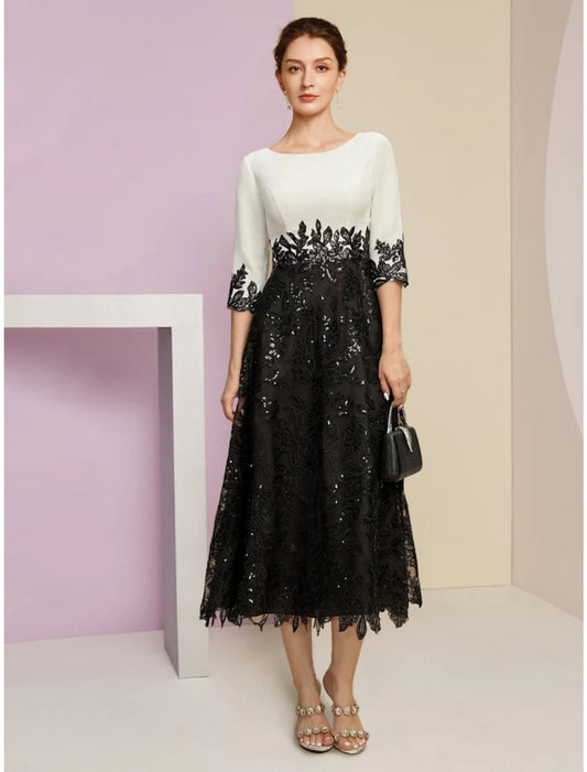 A-Line Mother of the Bride Dress Wedding Guest Elegant Scoop Neck Tea Length Stretch Chiffon Half Sleeve with Lace Sequin