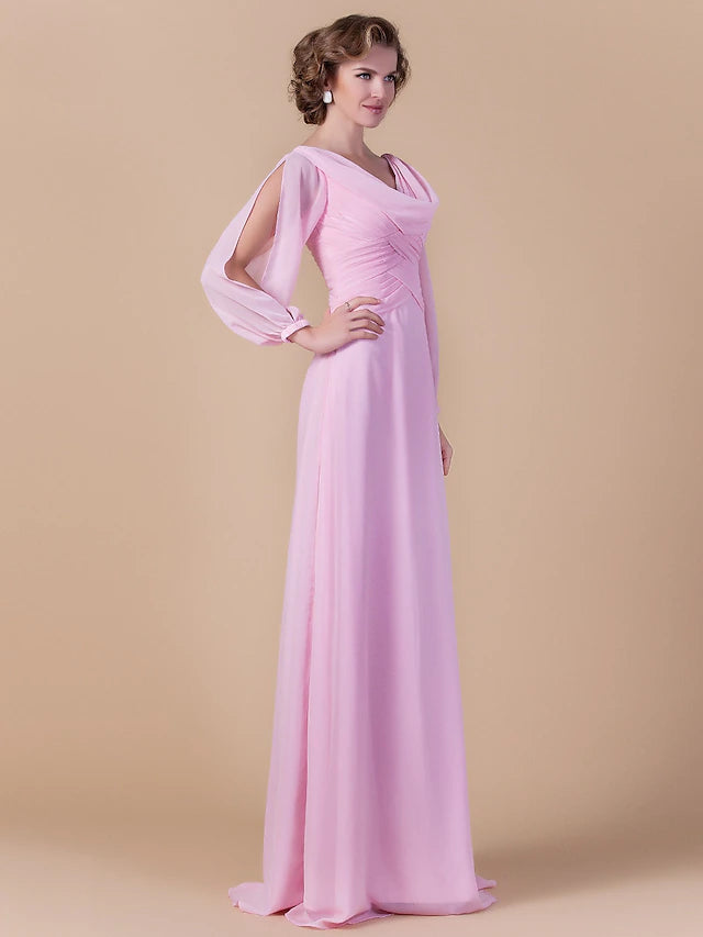 Sheath / Column Mother of the Bride Dress Vintage Inspired Cowl Neck Floor Length Chiffon Long Sleeve with Criss Cross