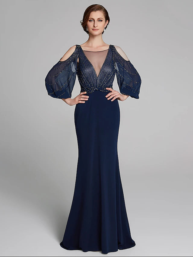 Sheath / Column Mother of the Bride Dress Sparkle & Shine Boat Neck Floor Length Chiffon Jersey Long Sleeve No with Beading