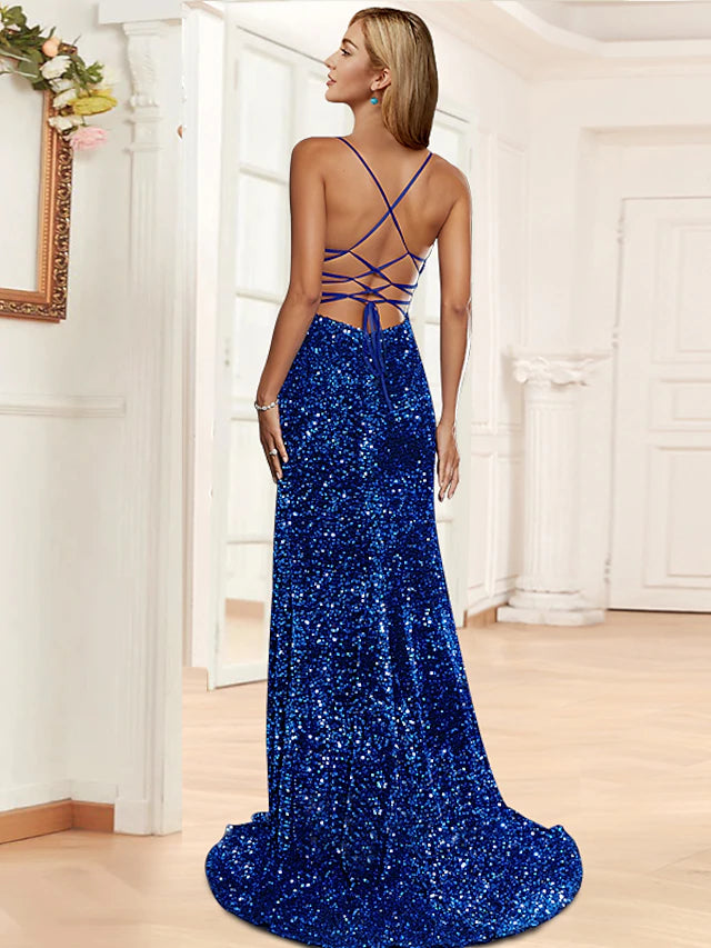 Mermaid / Trumpet Prom Dresses Sparkle & Shine Dress Party Wear Sweep / Brush Train Sleeveless Halter Sequined Backless