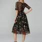 A-Line Party Dress Holiday Tea Length Half Sleeve Illusion Neck Organza with Embroidery