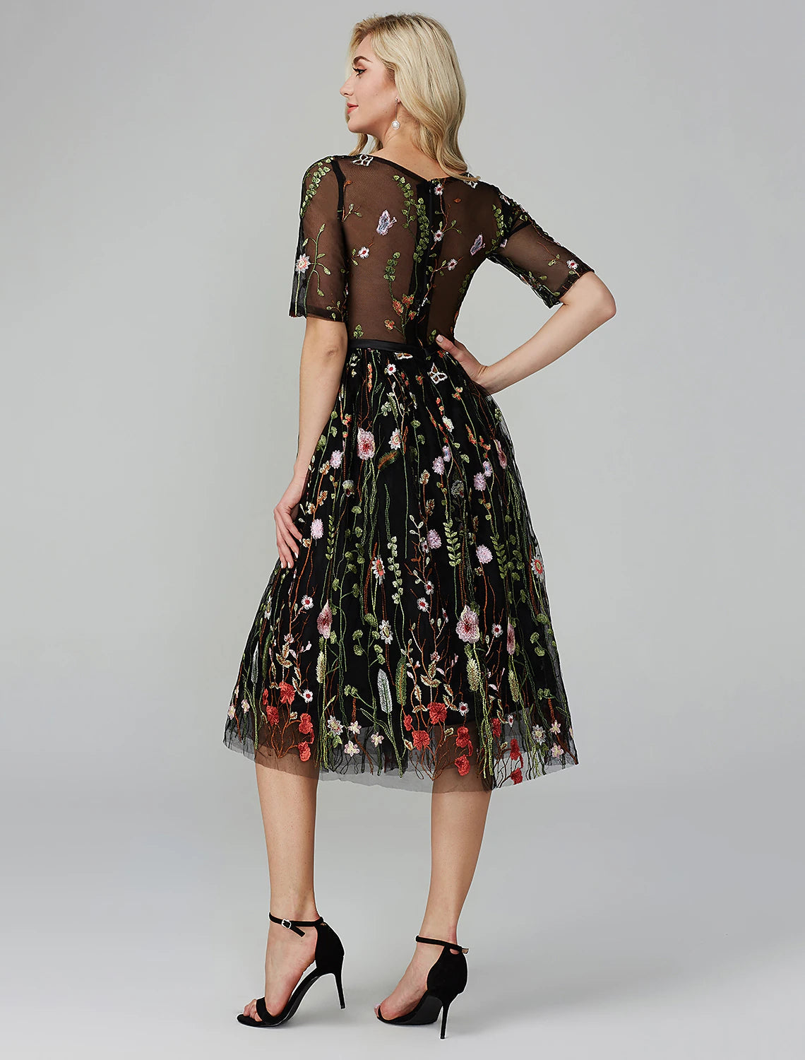 A-Line Party Dress Holiday Tea Length Half Sleeve Illusion Neck Organza with Embroidery