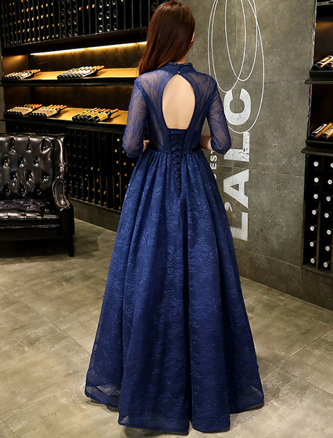 A-Line Evening Gown Beautiful Back Dress Wedding Guest Floor Length Half Sleeve V Neck Lace