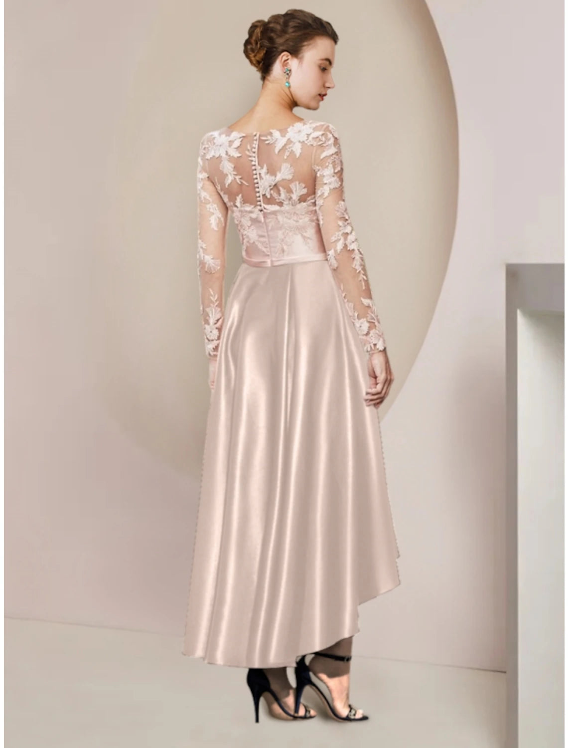 Sheath / Column Mother of the Bride Dress Wedding Guest Party Elegant V Neck Asymmetrical Ankle Length Satin Long Sleeve with Lace