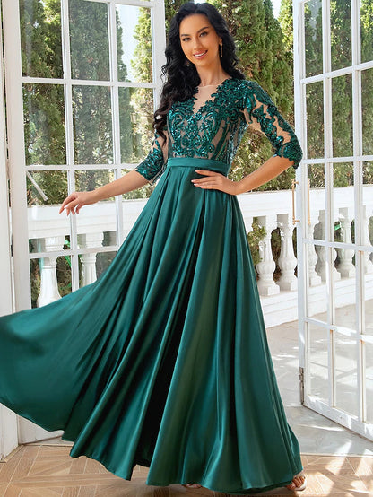 A-Line Evening Gown Elegant Dress Wedding Party Floor Length Half Sleeve Illusion Neck Satin with Pleats Sequin