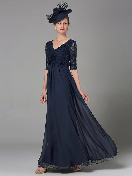 A-Line Mother of the Bride Dress Elegant & Luxurious V Neck Floor Length Chiffon Lace Half Sleeve with Lace