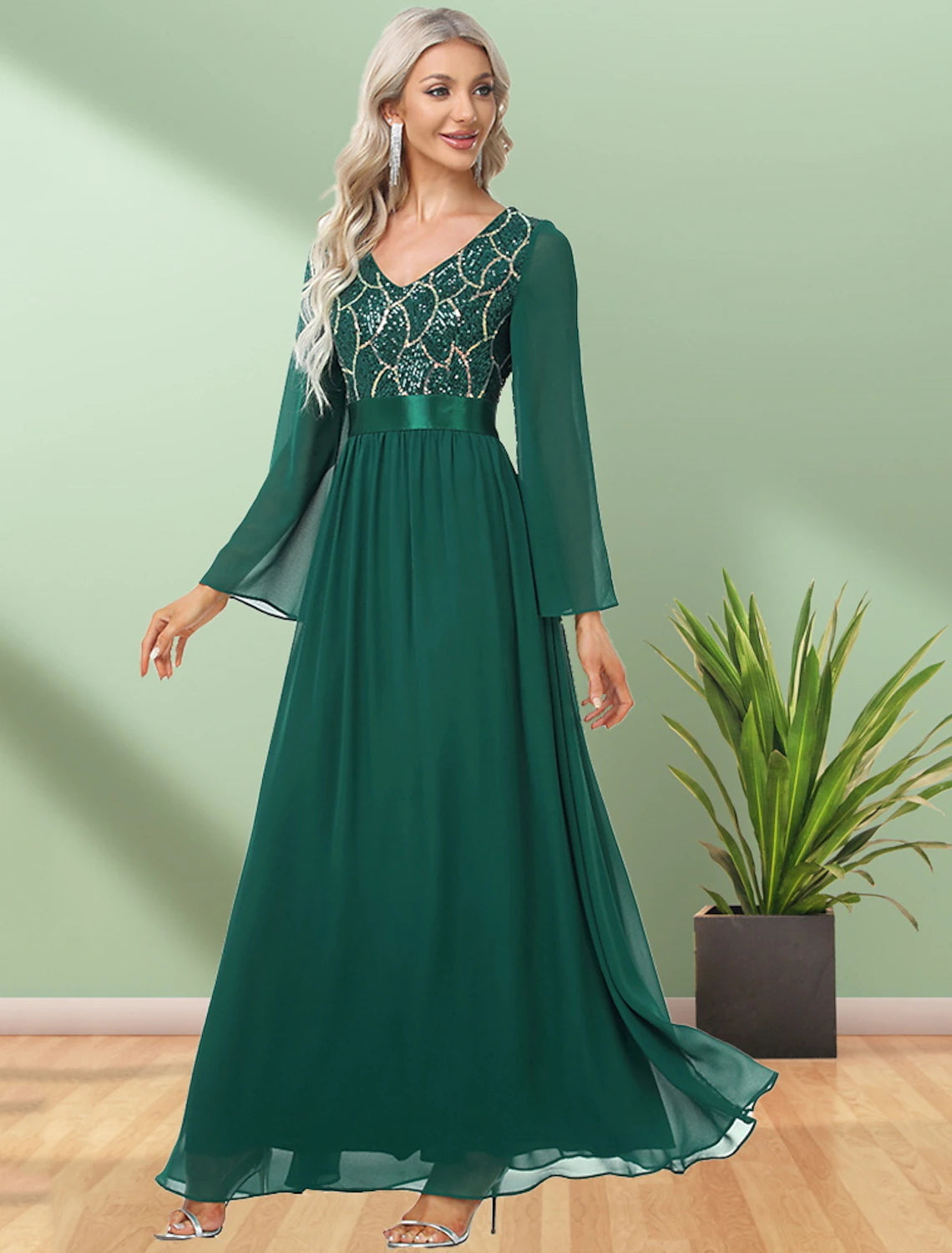 A-Line Evening Gown Elegant Dress Party Wear Floor Length Long Sleeve V Neck Chiffon