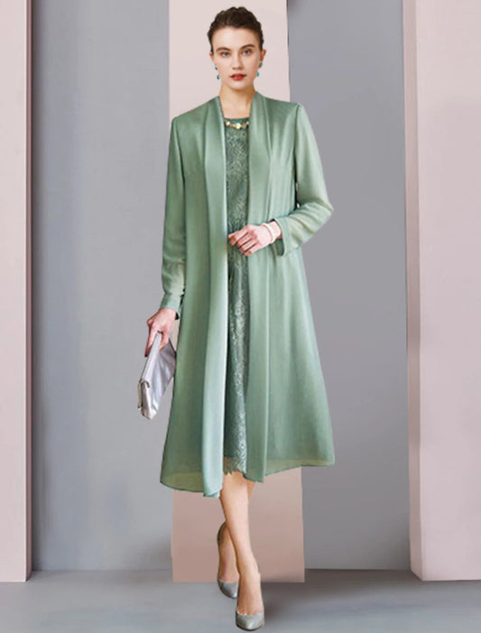 Two Piece Sheath / Column Mother of the Bride Dress Formal Wedding Guest Party Elegant Scoop Neck Tea Length Chiffon Lace 3/4 Length Sleeve Jacket Dresses