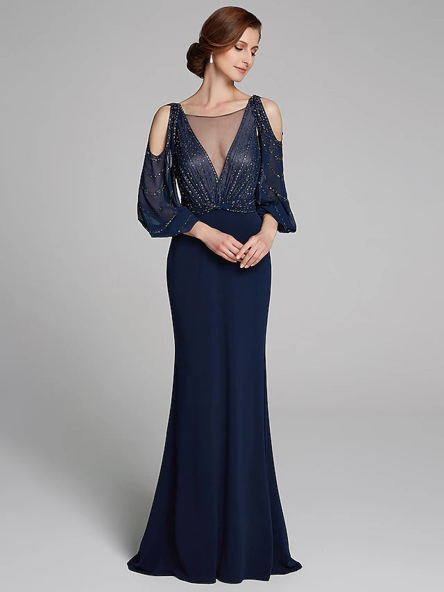 Sheath / Column Mother of the Bride Dress Sparkle & Shine Boat Neck Floor Length Chiffon Jersey Long Sleeve No with Beading