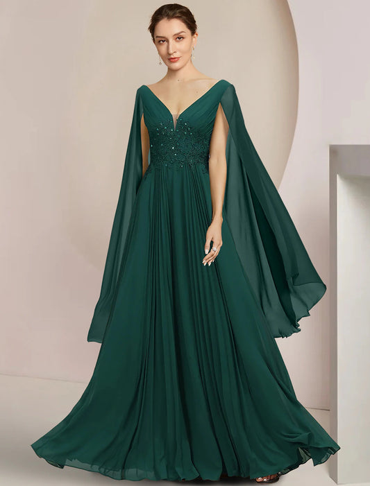 A-Line Mother of the Bride Dress Formal Wedding Guest Elegant V Neck Floor Length Chiffon Lace Sleeveless with Pleats Sequin