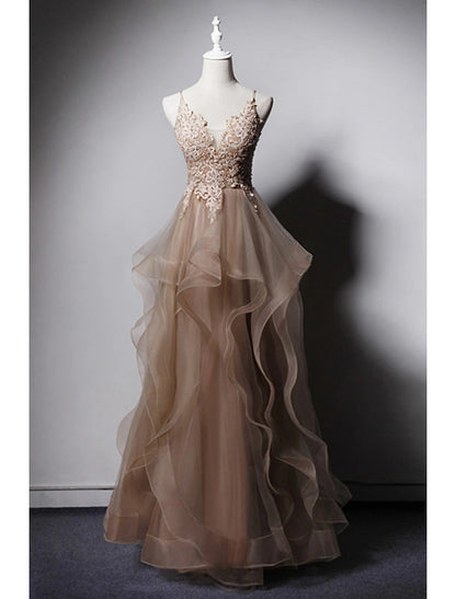 A-Line Prom Dresses Open Back Dress Formal Wedding Party Floor Length Sleeveless Spaghetti Strap Lace with Ruffles