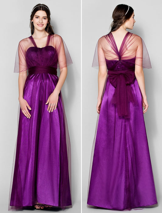 A-Line Bridesmaid Dress Straps Sleeveless Convertible Dress Floor Length Tulle with Ruched