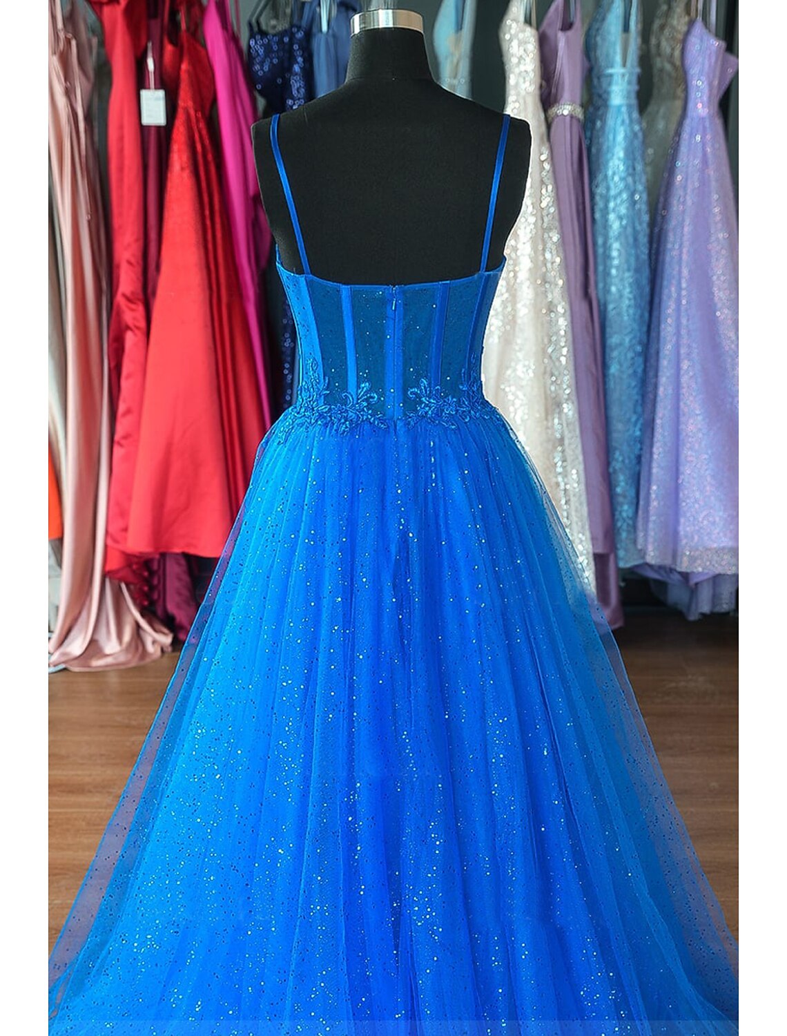 A-Line Prom Dresses Glittering Dress Formal Floor Length Sleeveless Spaghetti Strap Tulle Backless with Pleats