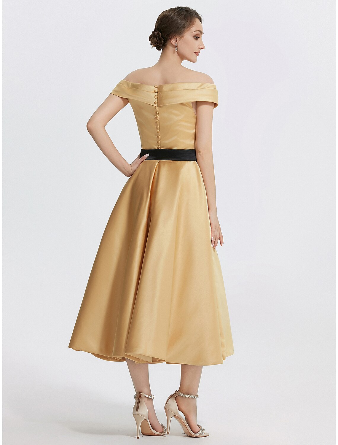 A-Line Cocktail Dresses Elegant Dress Formal Prom Tea Length Sleeveless Off Shoulder Satin
