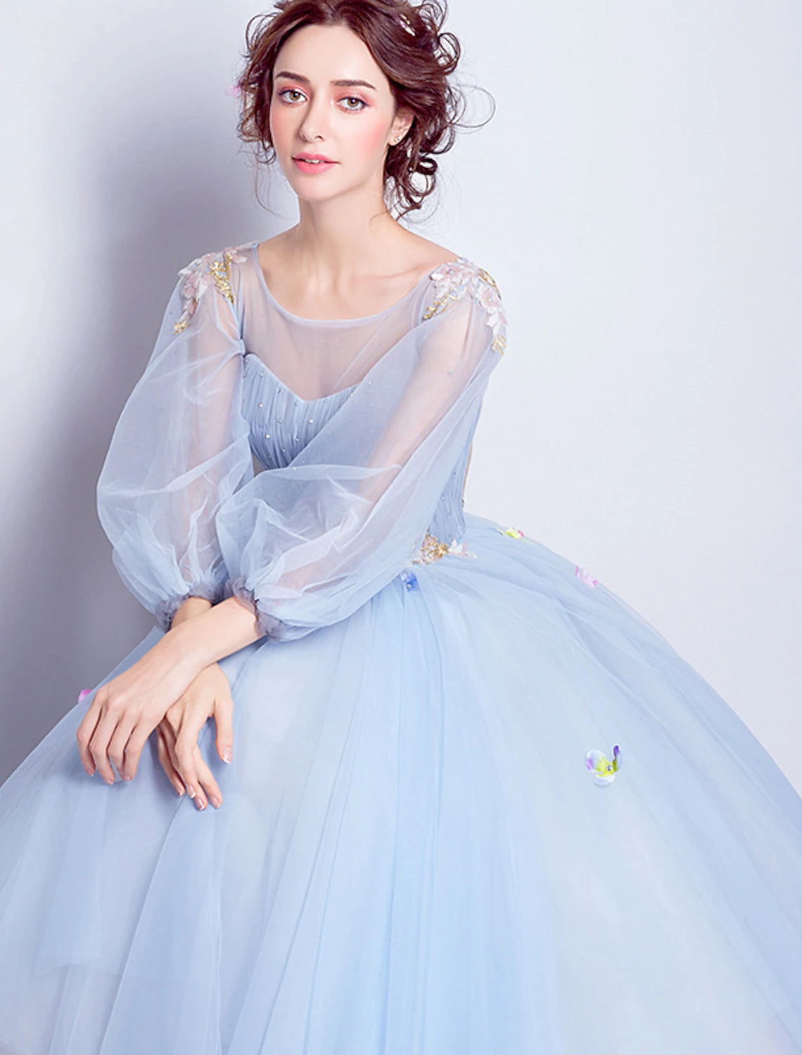 Ball Gown Prom Dresses Elegant Dress Quinceanera Engagement Floor Length 3/4 Length Sleeve Illusion Neck Tulle
