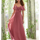 A-Line Bridesmaid Dress Spaghetti Strap Short Sleeve Open Back Floor Length Chiffon with Ruffles