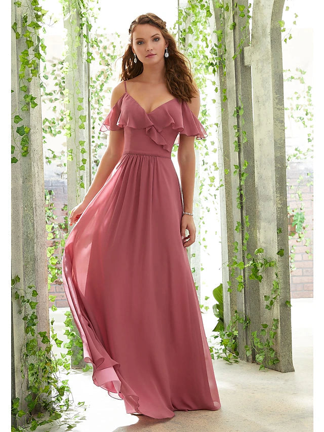 A-Line Bridesmaid Dress Spaghetti Strap Short Sleeve Open Back Floor Length Chiffon with Ruffles