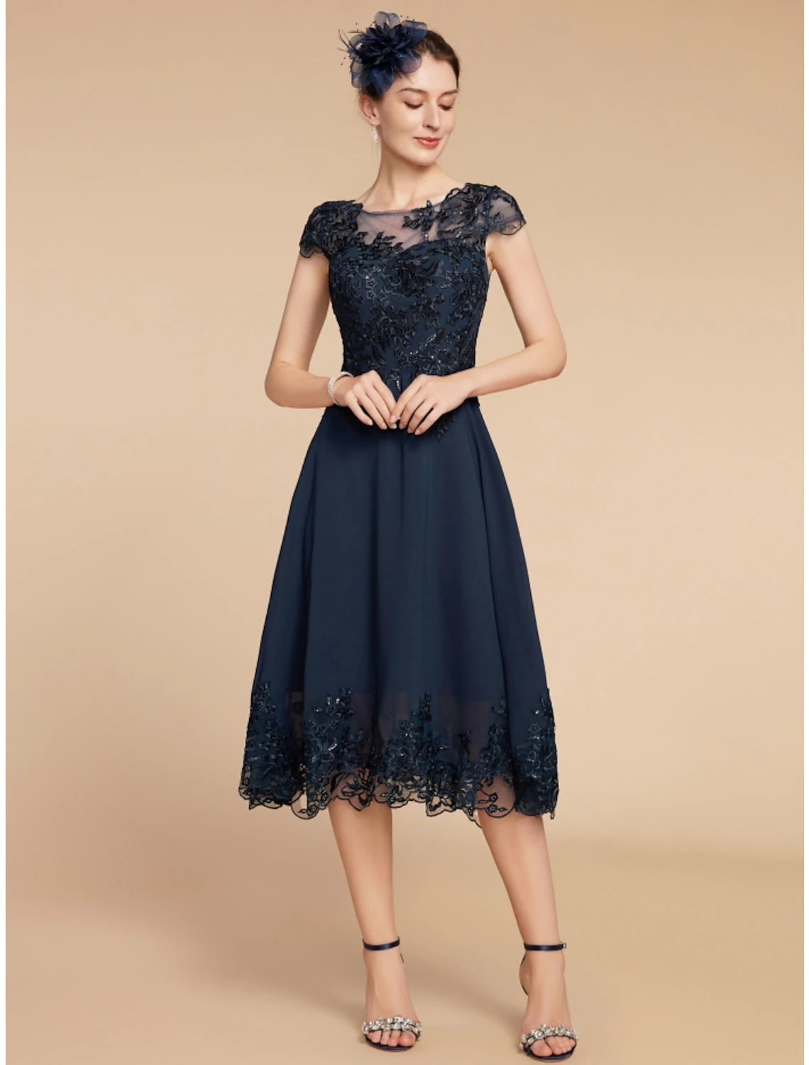 A-Line Mother of the Bride Dress Wedding Guest Elegant Petite Scoop Neck Tea Length Chiffon Lace Cap Sleeve with Sequin Ruching