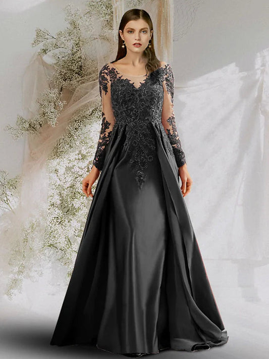 A-Line Beautiful Back Sexy Floral Prom Formal Evening Dress Boat Neck Long Sleeve Sweep / Brush Train Satin