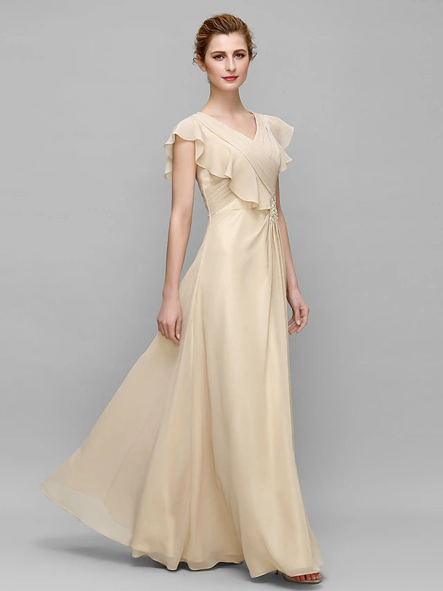 Sheath / Column Mother of the Bride Dress Plus Size Elegant V Neck Floor Length Chiffon Sleeveless with Criss Cross