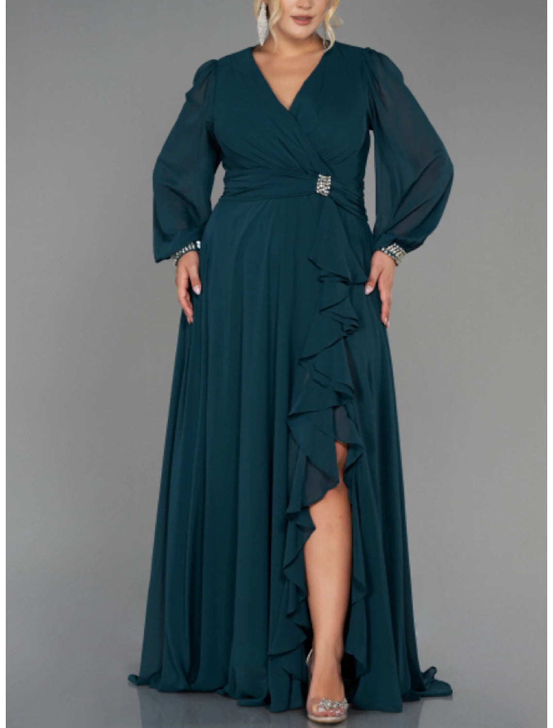 A-Line Evening Gown High Split Dress Formal Fall Sweep / Brush Train Long Sleeve V Neck Stretch Fabric with Pleats Crystals