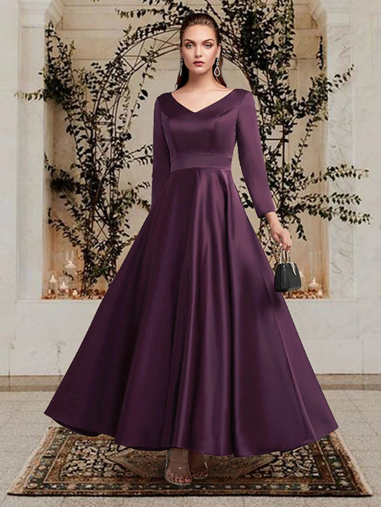 A-Line Mother of the Bride Dress Plus Size Elegant V Neck Ankle Length Satin Long Sleeve with Pleats