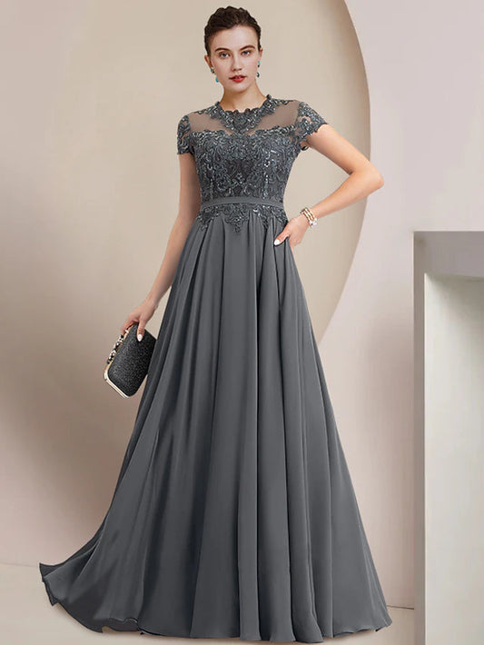 Sheath / Column Mother of the Bride Dress Wedding Guest Party Elegant Jewel Neck Floor Length Chiffon Lace Short Sleeve with Pleats