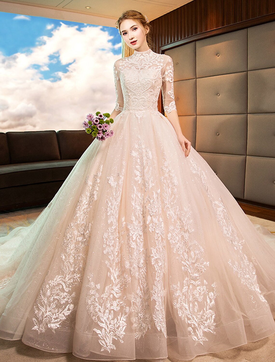 Engagement Sparkle & Shine Formal Fall Wedding Dresses Ball Gown High Neck Long Sleeve Cathedral Train Lace Bridal Gowns With Sequin Appliques Summer Wedding Party, Women¡®s Clothing