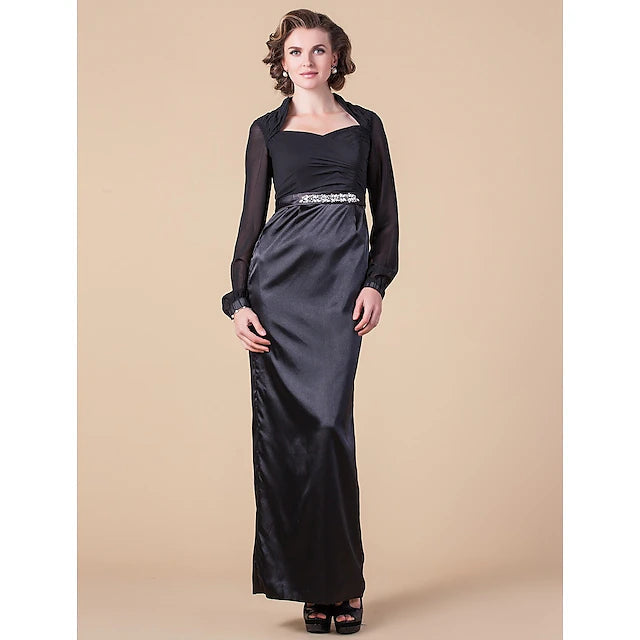 Sheath / Column Mother of the Bride Dress Queen Anne Floor Length Chiffon Stretch Satin Long Sleeve with Sash / Ribbon Beading Side