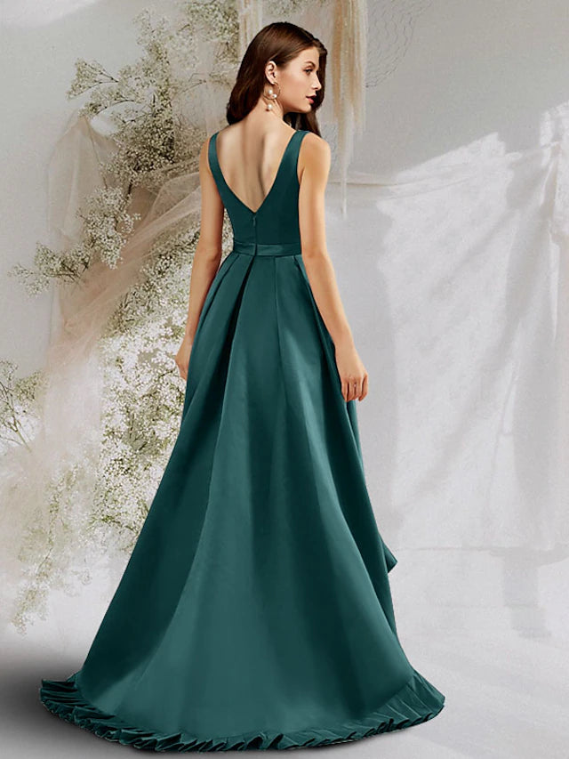 A-Line Prom Dresses Minimalist Dress Prom Court Train Sleeveless V Neck Pocket Satin with Ruffles