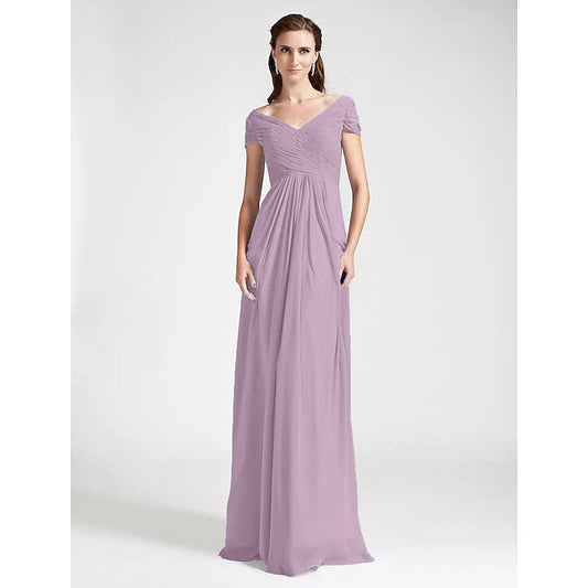 Sheath / Column Bridesmaid Dress V Neck / Off Shoulder Short Sleeve Open Back Floor Length Chiffon with Criss Cross