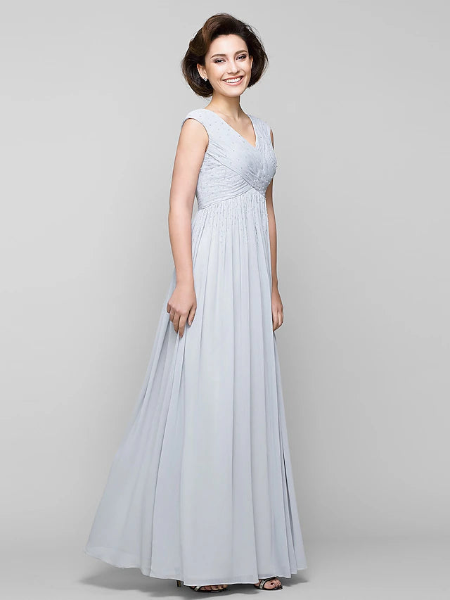 A-Line Mother of the Bride Dress Elegant V Neck Floor Length Chiffon Sleeveless with Criss Cross