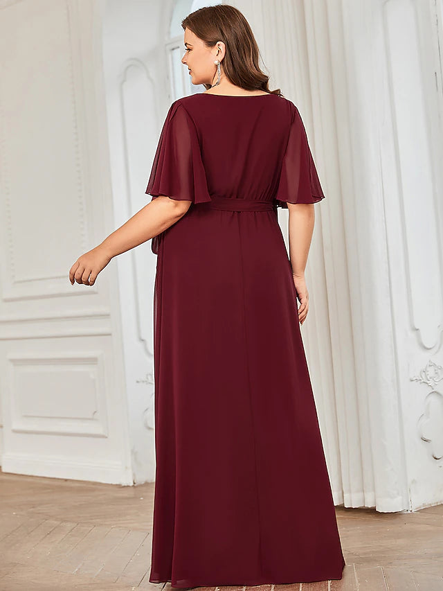 A-Line Bridesmaid Dress V Neck Short Sleeve Elegant Floor Length Chiffon with Ruffles / Draping