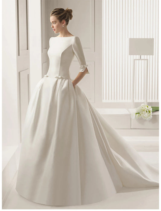 Engagement Formal Fall Wedding Dresses A-Line Scoop Neck Half Sleeve Court Train Satin Bridal Gowns With Bow(s)