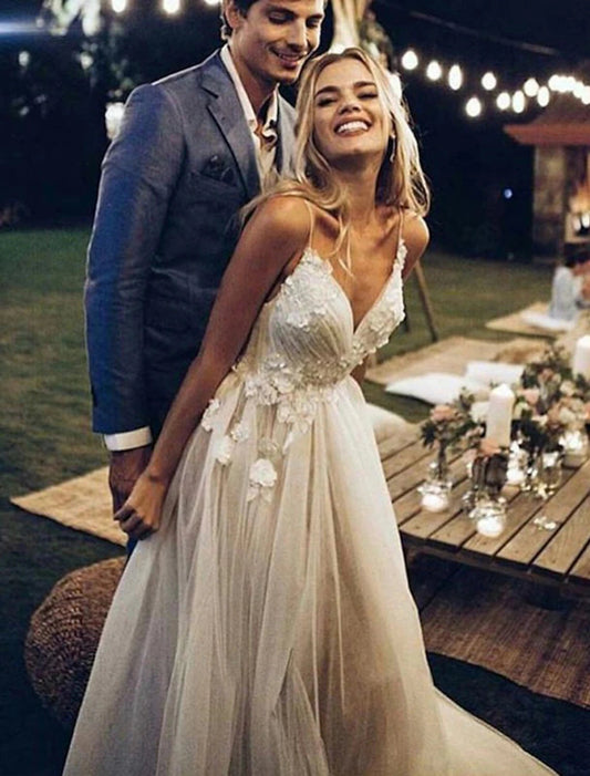 Beach Wedding Dresses A-Line Sweetheart Camisole Spaghetti Strap Sweep / Brush Train Lace Bridal Gowns