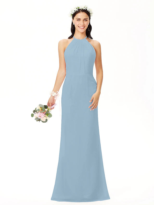 Sheath / Column Bridesmaid Dress Jewel Neck Sleeveless Elegant Floor Length Chiffon