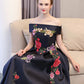 A-Line Floral Dress Wedding Guest Floor Length Sleeveless Off Shoulder Satin with Embroidery