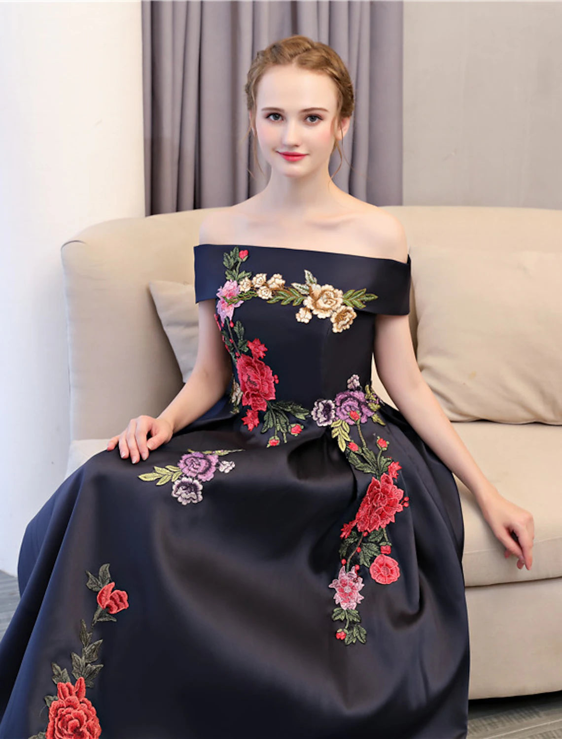 A-Line Floral Dress Wedding Guest Floor Length Sleeveless Off Shoulder Satin with Embroidery