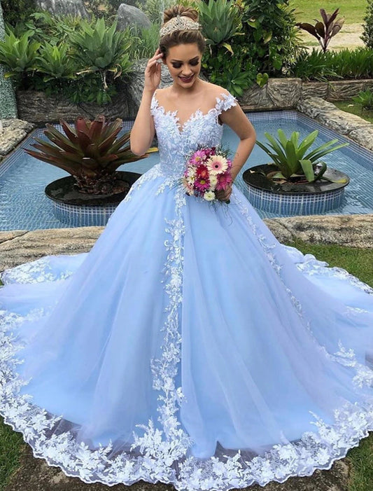 Engagement Wedding Dresses in Color Formal Wedding Dresses Ball Gown V Neck Cap Sleeve Chapel Train Lace Bridal Gowns