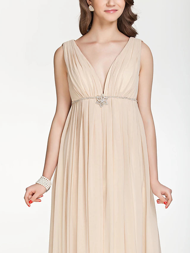 A-Line Bridesmaid Dress V Neck Sleeveless Beautiful Back Floor Length Chiffon with Pleats / Beading