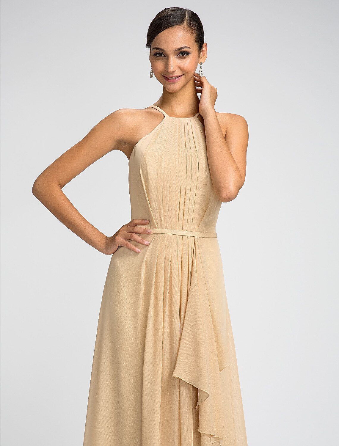 Sheath High Neck Floor Length Chiffon Bridesmaid Dress with Draping