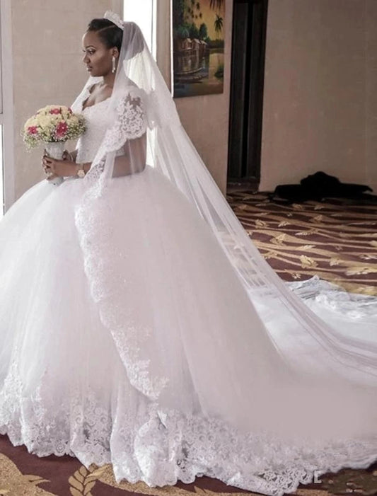 Sexy Formal Wedding Dresses Ball Gown V Neck Cap Sleeve Chapel Train Lace Bridal Gowns With Beading