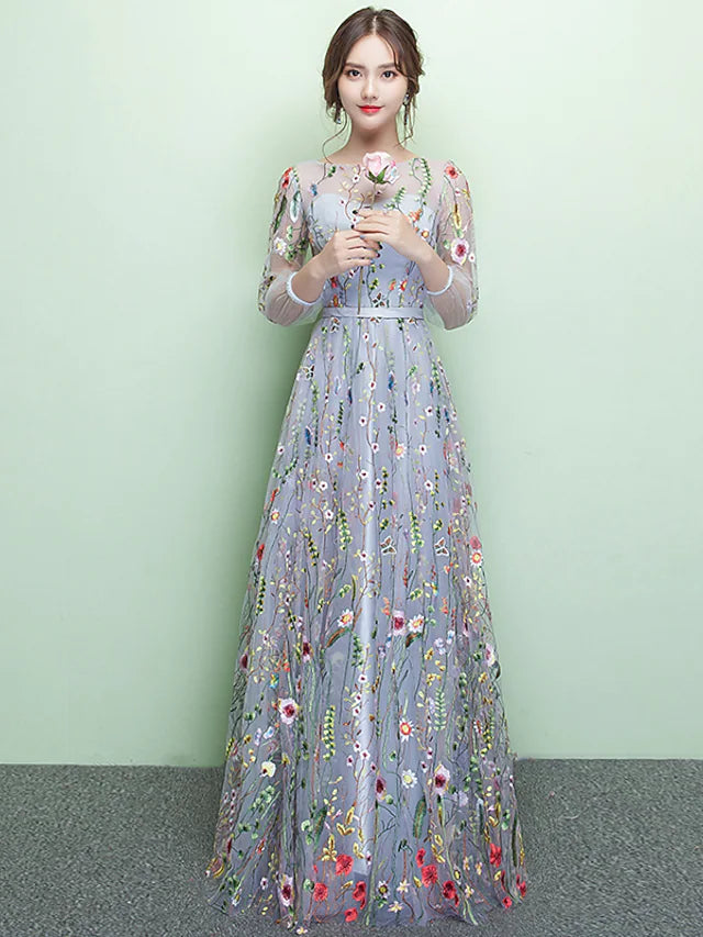 A-Line Elegant Sparkle & Shine Formal Evening Dress Jewel Neck 3/4 Length Sleeve Floor Length Lace