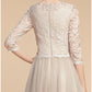 A-Line Mother of the Bride Dress Wedding Guest Elegant Petite Jewel Neck Knee Length Lace Tulle Half Sleeve with Pleats