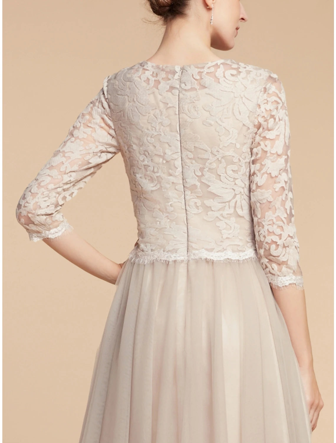 A-Line Mother of the Bride Dress Wedding Guest Elegant Petite Jewel Neck Knee Length Lace Tulle Half Sleeve with Pleats