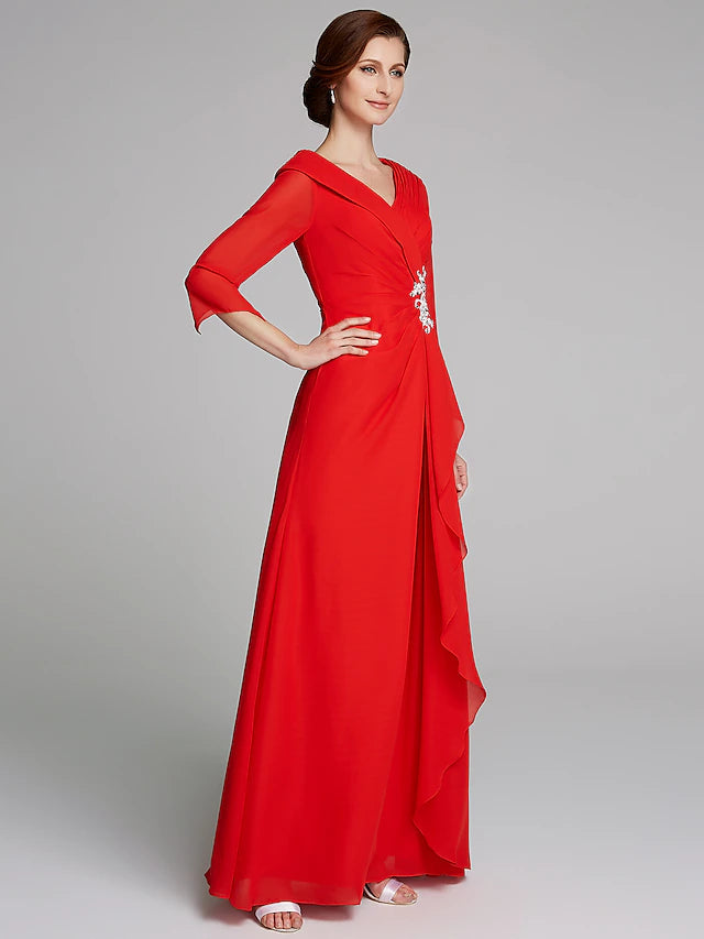 A-Line Mother of the Bride Dress Elegant V Neck Floor Length Chiffon Half Sleeve with Pleats