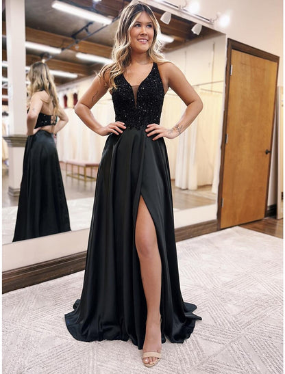 A-Line Evening Gown Empire Dress Formal Prom Floor Length Sleeveless V Neck Pocket Satin Backless