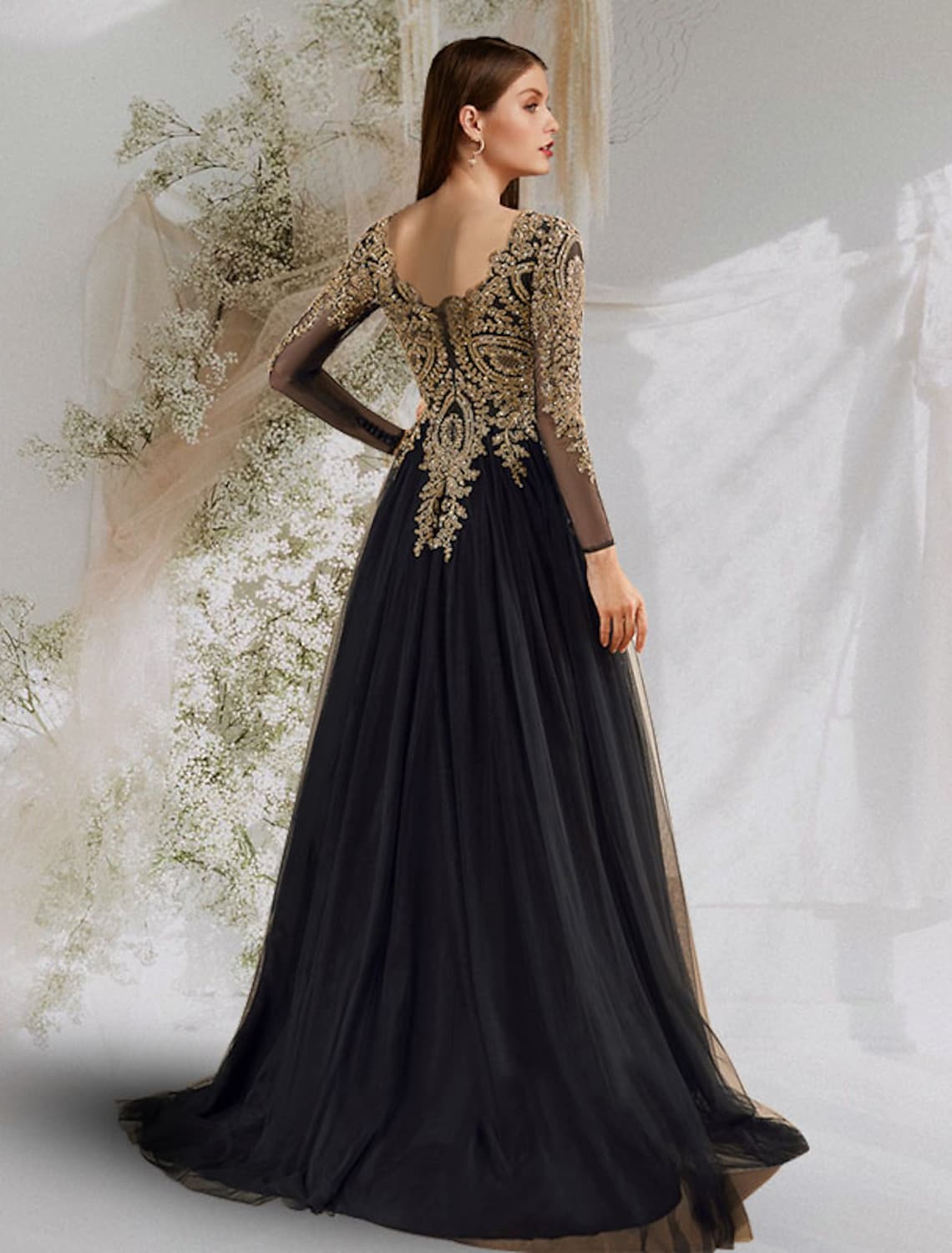 Ball Gown Luxurious Elegant Prom Formal Evening Dress V Neck Long Sleeve Floor Length Tulle with Sequin
