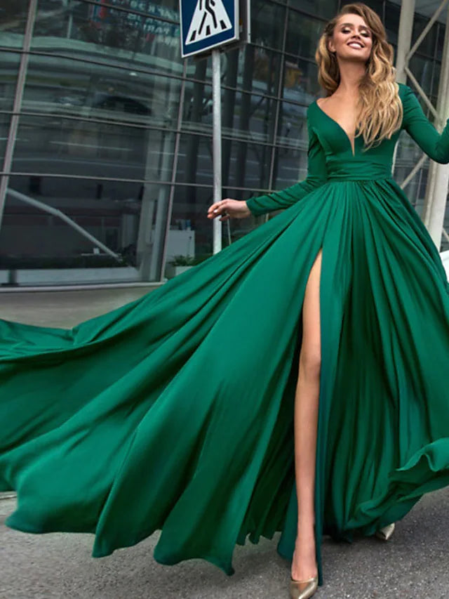 A-Line Empire Minimalist Sexy Holiday Prom Formal Evening Dress V Neck V Back Long Sleeve Floor Length Chiffon with Slit