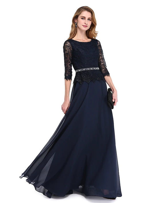 A-Line Mother of the Bride Dress Elegant Jewel Neck Floor Length Chiffon Lace Bodice 3/4 Length Sleeve with Sash / Ribbon